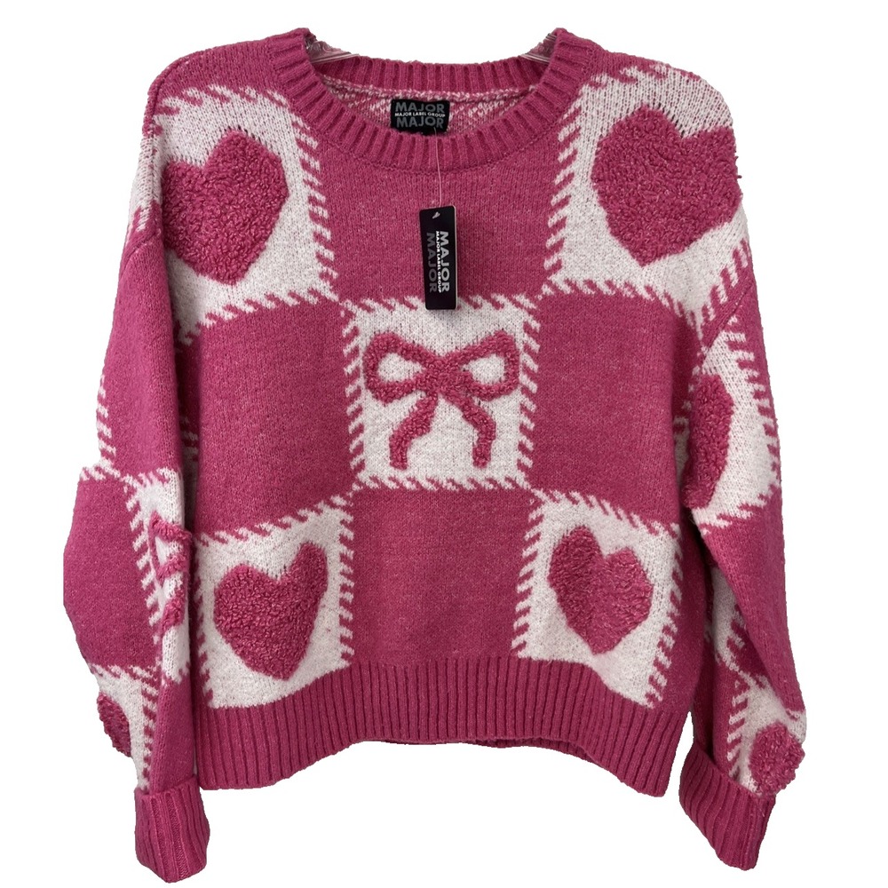NWT MAJOR LABEL GROUP Pink Heart Oversized Sweater Size S Soft